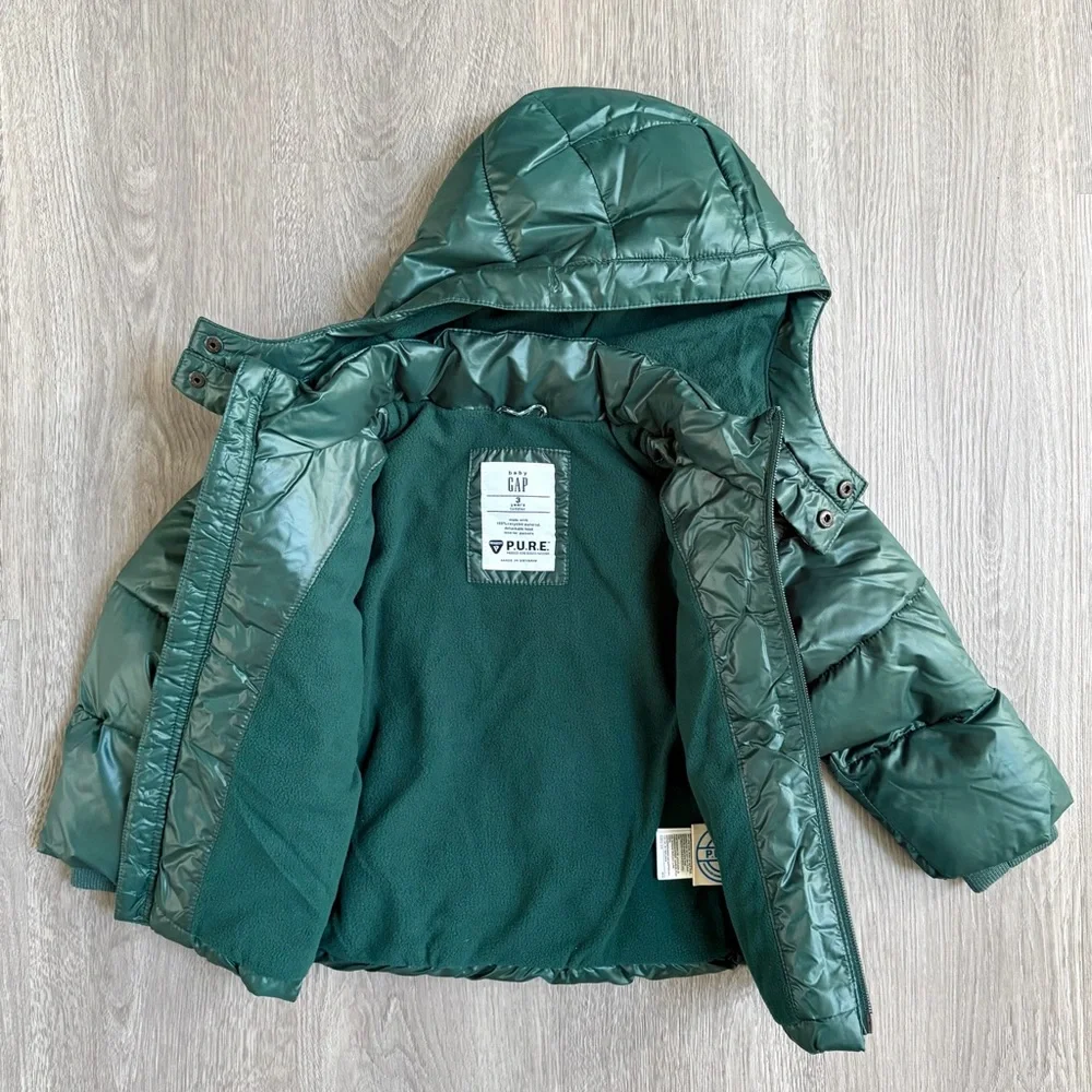NWT Baby Gap Puffer Jacket with Removable Hood Green Toddler 3 Kids Boys Girls